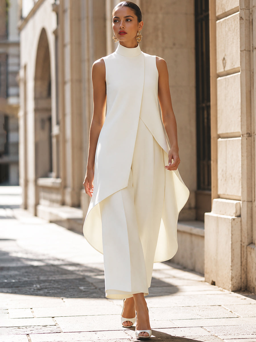 Front view of the black jumpsuit on a mannequin, showcasing its structured form and elegant style.