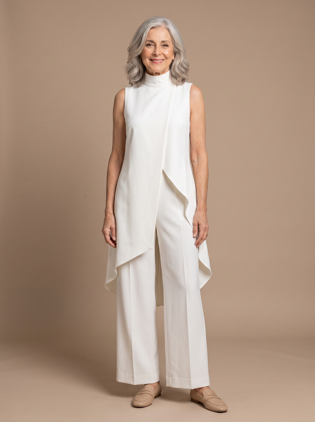 Model draagt de witte Catalina Elegant Wide-Leg Jumpsuit, studiofoto 3:4