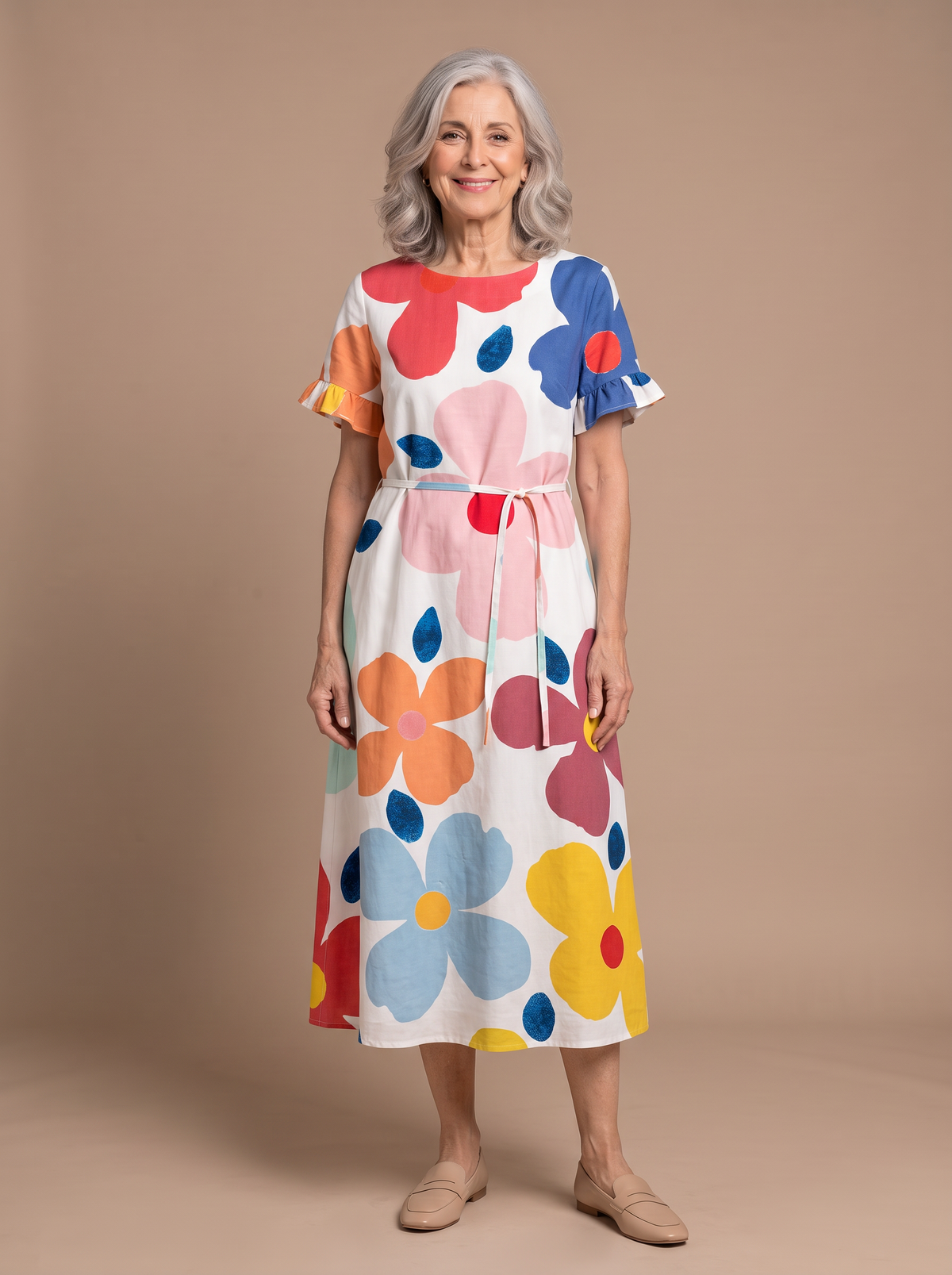 Skylar - Floral Summer Dress, model draagt de bloemenjurk op warme beige studio-achtergrond