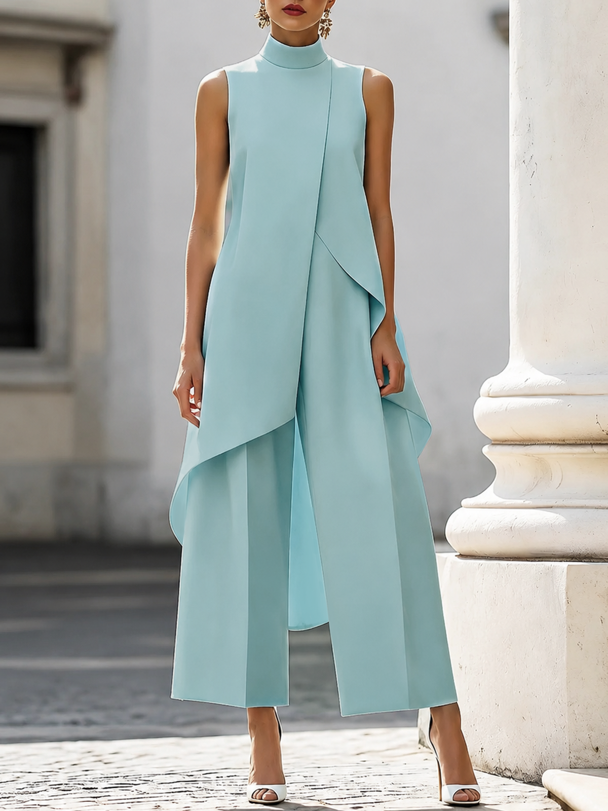 A model posing gracefully in the white jumpsuit, illustrating its versatility for various occasions.